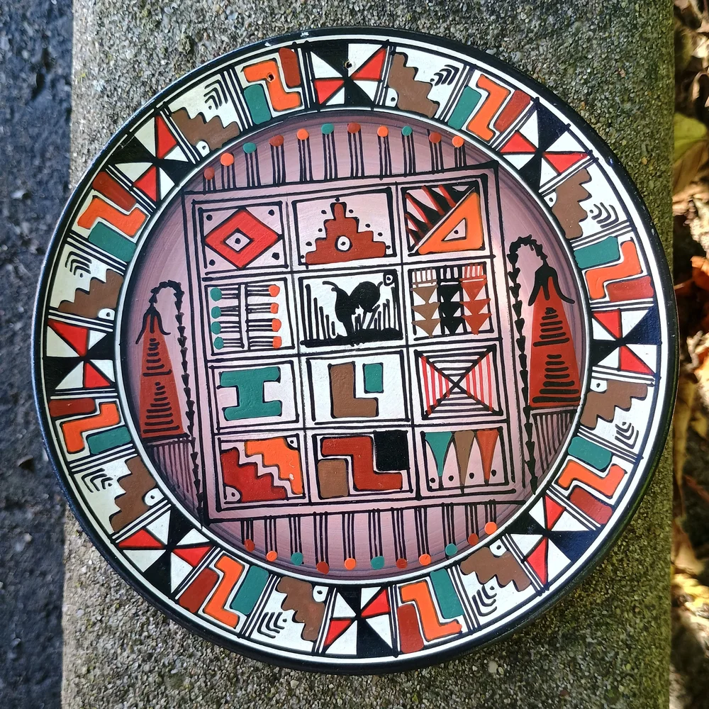 Vintage Peruvian hand-painted wood tribal dish, painted Peruvian wall decor